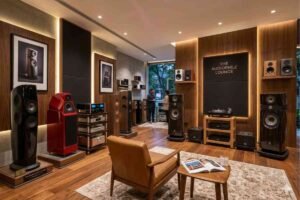 Premium audio setup with floorstanding speakers
