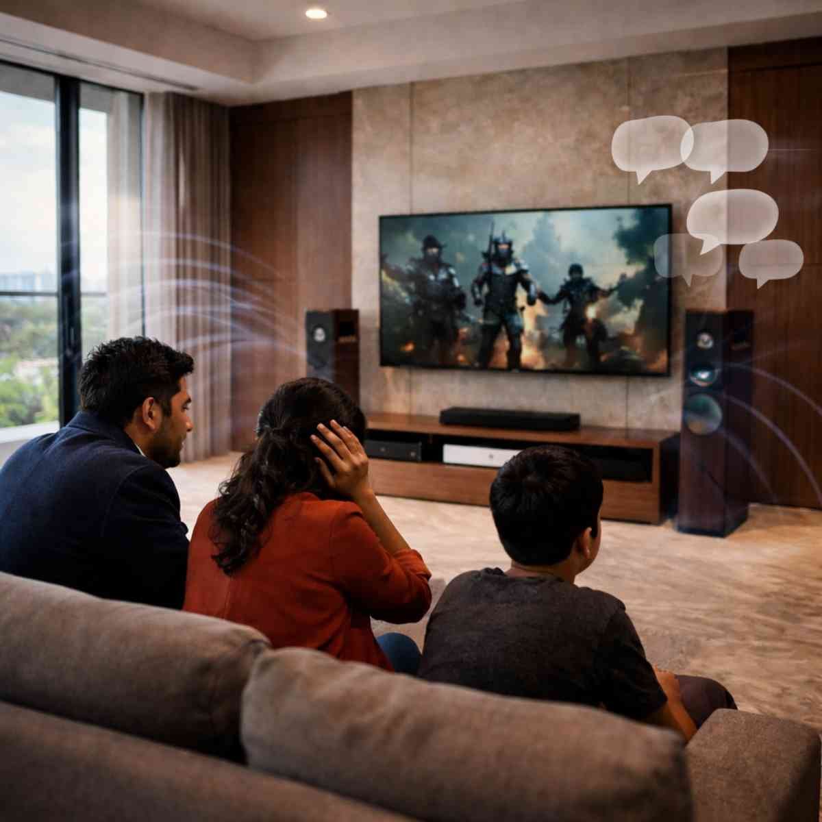 Family enjoying action movie together