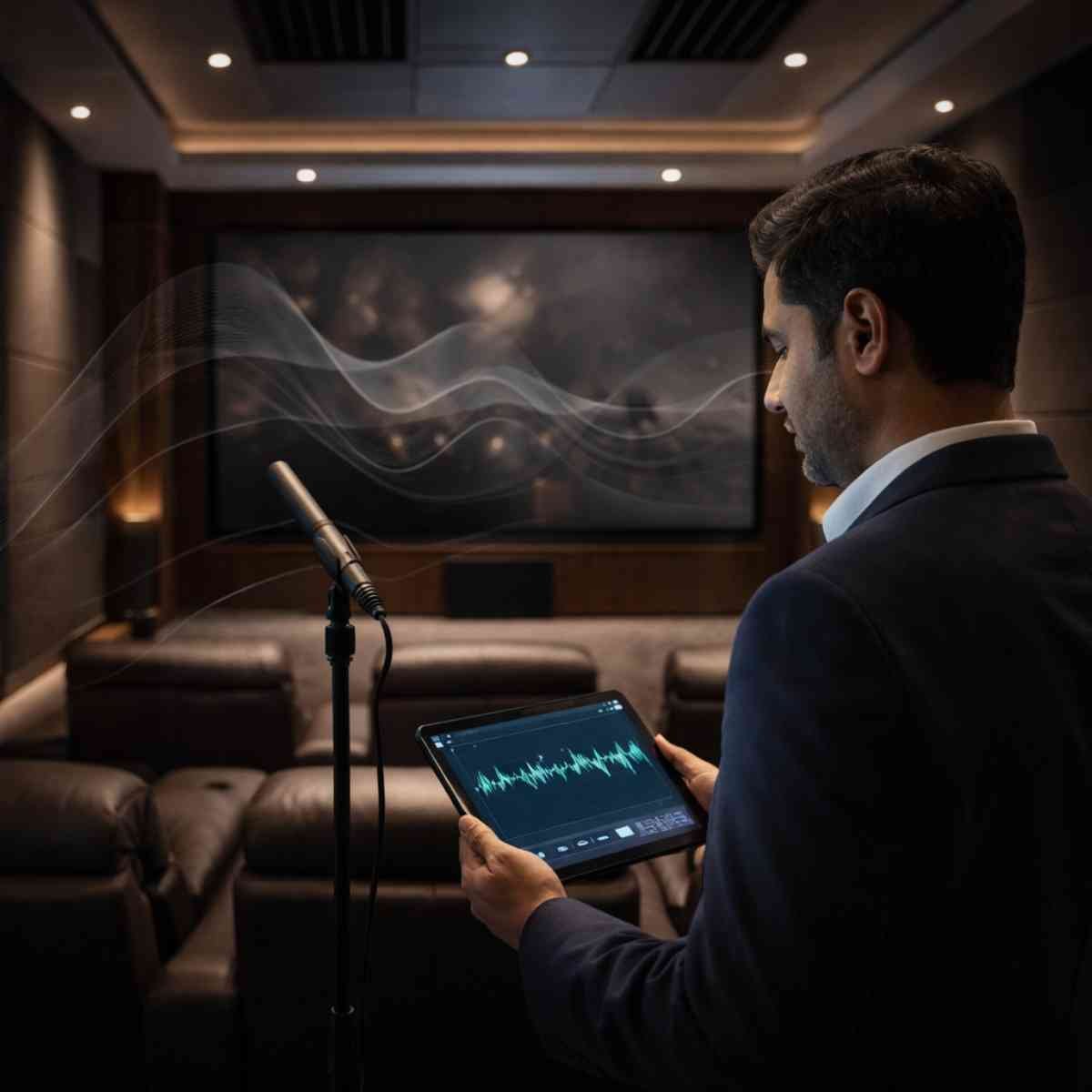 Indian sound engineer calibrating home theatre acoustics